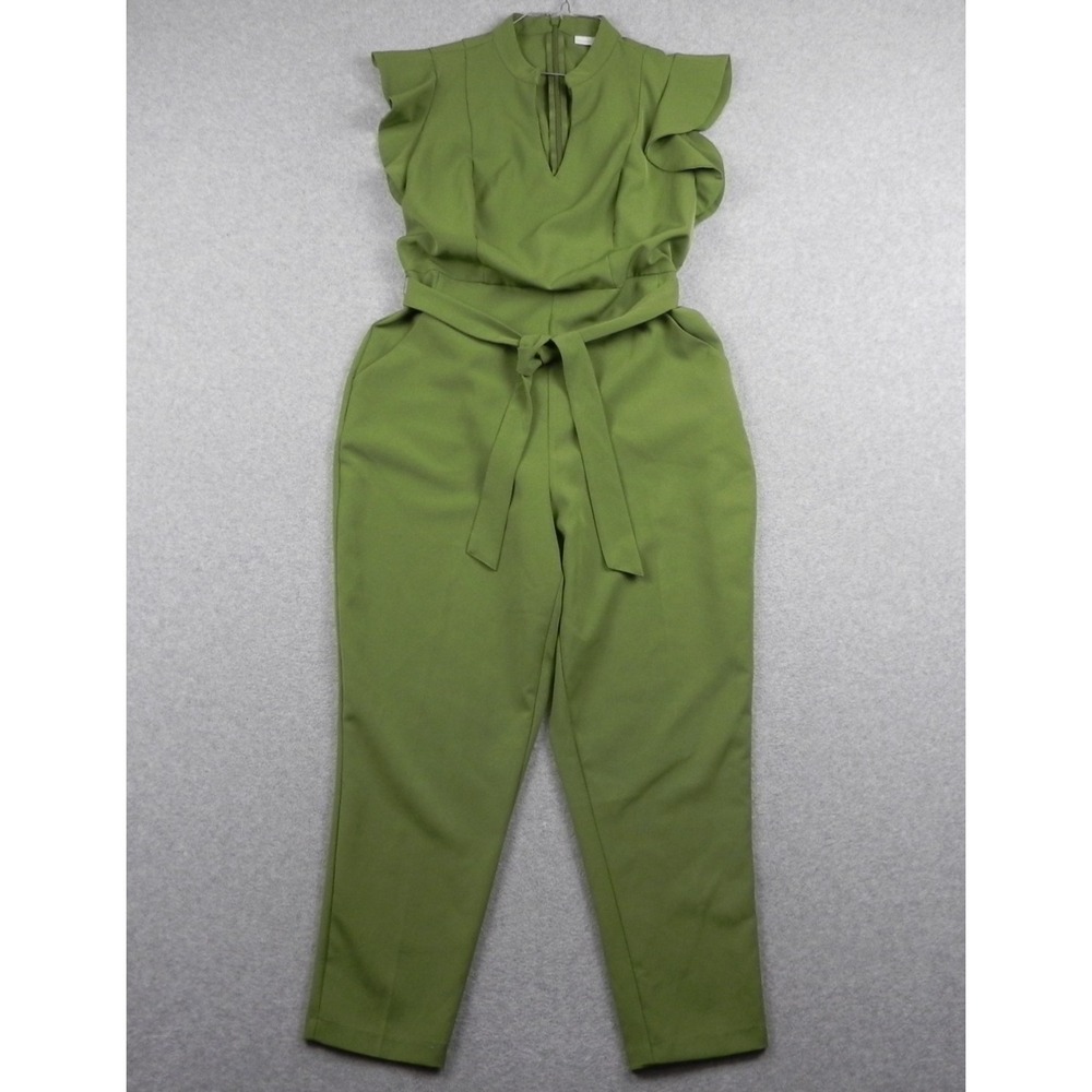 New York & Company Jumpsuit Womens Large Madie V-Neck Ruffled Shoulder Green - Picture 1 of 13